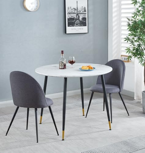 Hallowood Furniture Finley Kleiner runder Esstisch und Stühle 2er-Set, weißer Marmoreffekt Küchentisch und dunkelgraue gebogene Rückenlehne, Esstisch-Set für Zuhause, Büro und Café