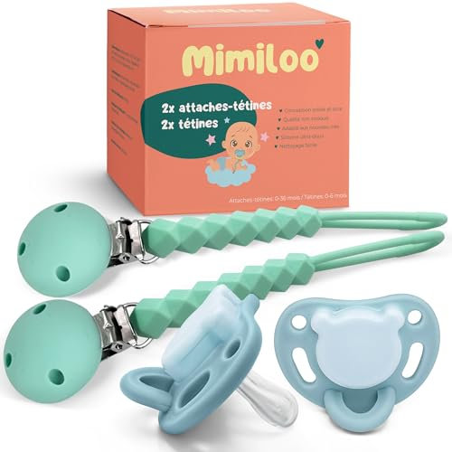 Mimiloo - Kit 2 attaches-tétines et 2 tétines en silicone, forme physiologique pour nouveau-né, clip vêtement, faciles à nettoyer, idéal cadeau bébé fille garçon, puériculture bébé