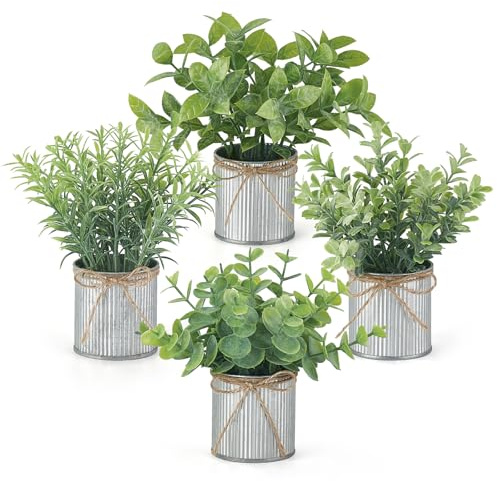 Mkono 4 Packs Small Fake Plants in Galvanized Pots Rustic Farmhouse Decor | Grey, Artificial Plants Indoor Mini Potted Faux Eucalyptus, Bathroom Office Laundry Room Table Centerpiece Shelf Home Decor
