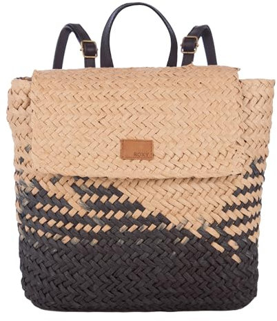 Roxy Sac à dos en paille tissée pour voyage, vacances, matériaux naturels légers et respectueux de l'environnement, Mysterious Boardwalk – Naturel/noir, One Size, Sac à dos en paille tissée pour