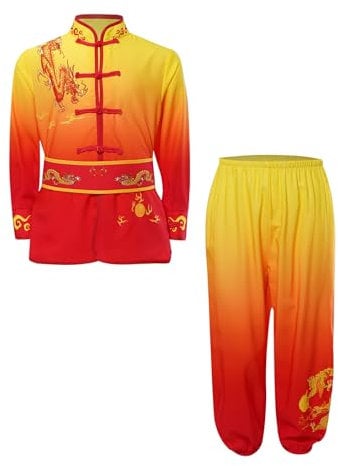 Yeahdor Kinder Jungen Mädchen Kong Fu Kleidung Set Tai-Chi-Uniform Chinesische Kampfkunst Kleidungsset Kampfsport Kostüme Gelb Rot 146-152