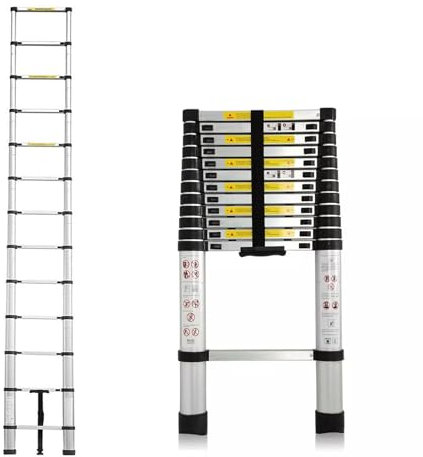Aluminium 3.8M Telescopic Loft Ladder - 12.5FT Extendable Multi-Purpose Ladder with 13 Steps - EN131 Certified