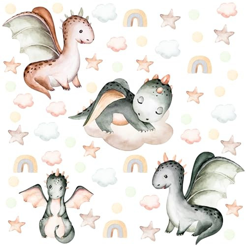 Muralo Sticker Set für Jungen - Aquarell Aufkleber Wandsticker Tattoo für Kinderzimmer - Märchenhafte Dinosaurier Motiv - Br.120cm x Hö.60cm