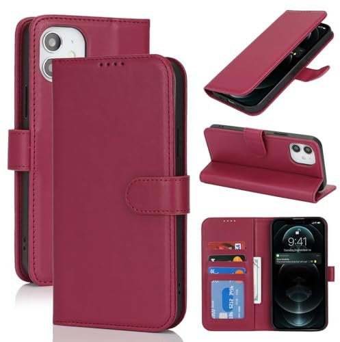 Zouzt Hülle für iPhone 12/12 Pro 6,1-Zoll, Stoßfestes PU Leder Handyhülle Lederhülle Klapphülle mit Kartenhalter und Standfunktion Flip Leather Wallet Phone Cover (Rot)