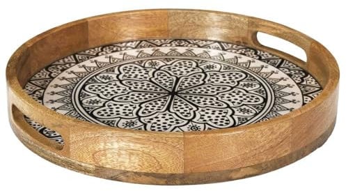 HOME DECO FACTORY - KA0576 Plateau Rond en Bois de Manguier Noir D35 cm, Élégant et Pratique pour Servir Apéritifs et Desserts, Idéal pour Décoration Intérieure