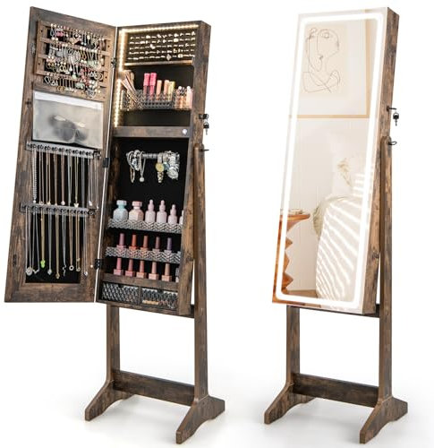 RELAX4LIFE Armoire a Bijoux avec Miroir LED, Miroir Bijoux LED Inclinable, Éclairage 3 Couleurs, Luminosité Réglable, Verrouillable, Armoire à Bijoux sur Pied pour Chambre Dressing Salon (Marron)