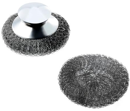 Stainless Steel Scourer 2PCS - Steel Wool Scrubber with Handle and Replacement Pads, Wire Wool for Cleaning Pans, Grills, Ovens, Sinks, Kitchen Brush