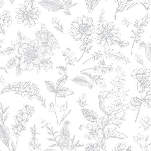LiKiLiKi Selbstklebende Tapete, Retro Blumentapete 44 x 300 cm Blumen Mustertapete Klebetapete Möbelfolie Wasserfest Klebefolie für Schrank Wohnzimmer Kinderzimmer, Grau und Weiße