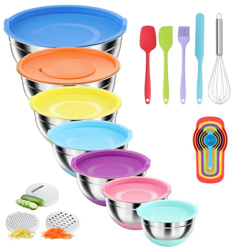 Pleafind 7-Töpfe Rührgeschirr-Set, Edelstahl Mischschüsseln mit Deckeln, 3 Reibeaufsätze, stapelbare Salatschüsseln mit rutschfesten Böden, Größen 4,5, 4, 3,5, 2,1, 1,5, 1,1, 0,7 Qt zur Servierung