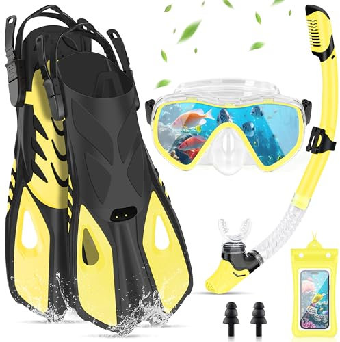 IEEILULU Schnorchelset Erwachsene, 7-teiliges Schnorchelausrüstung mit Anti-Fog Taucherbrille, Flossen, Trockenschnorchel, wasserdichte Handyhülle Ohrstopsel und Tragetasche (Gelb, L/XL)