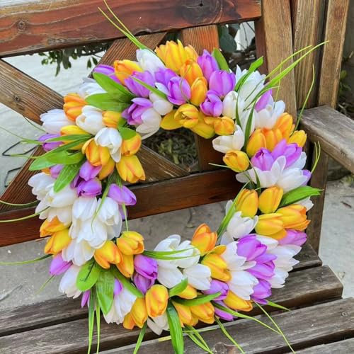 45 cm Künstliche Tulpenkränze, Tulpen Kranz Künstliche Tulpe Blumenkranz, Frühling Simulation Kranz, Blumenzweige, Blumen Frühlings Türkranz Kranz für Zuhause, Hochzeitsdekoration (Lila,45cm)
