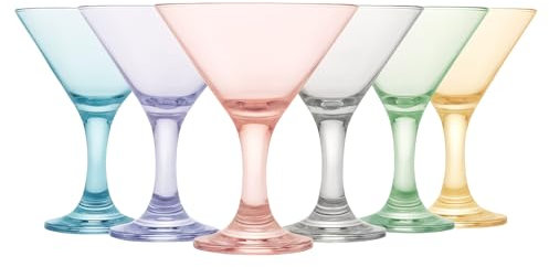 Lot de 6 Verres à Martini Colorés (6.4oz/190ml). Verres à Cocktail, Expresso Martini, Margarita, et Prosecco, Coupe Champagne à Longue Pied