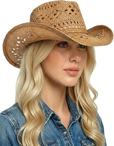 thuizen Cowboy-Cowgirl-Hut für Damen und Herren, Western-Stil, hohl, gewebt, Stroh