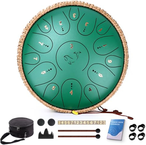 Steel Tongue Drum, 12 Zoll 15 Note Tongue Drums, C Key Steel Percussion Instrument for Kid's Adults, Handpan Drum with Drum Mallet, Music Book and Carry Bag (Green)