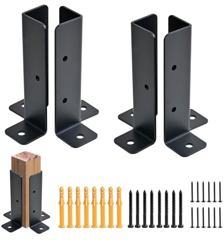 4 PCS Fence Post Brackets, Adjustable Fence Post Base with Screws Fit 1.5x1.5,2x2,2x4,4x4 Post, Black Thick Fence Post for Decking, Fencing, Pergola, Railing, Mailbox Mount, Patio Covers (4 PCS)
