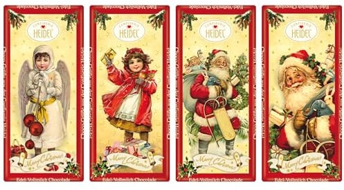 Confiserie Heidel Weihnachtsschokolade, 4 Mini Edel-Vollmilch Schoko Tafel | Vollmilchschokolade je 30g, Nostalgische Weihnachtsmann Motive, Engel & Kindern, für Weihnachten, Nikolaus, Adventskalender
