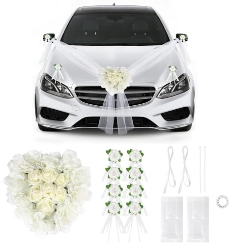 SUPAWAY Decorazione Auto a Forma di Cuore per Matrimonio, Set con 1 Ghirlanda Cuore, 4 Fiori per Maniglie Porte, 2 Nastri di Tulle (1,8m), ecc. – Per Just Married, Addio al Nubilato e Cerimonia