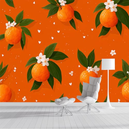 Orange Mit Floralem Muster Tapete Wandbild Fototapete, Cartoon-Stil Tapete Panorama Poster, Orange Dekoration Wand-Dekor 150x105cm Für Mädchen Jungs Schlafzimmer Wohnzimmer