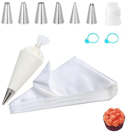 100 Piezas Mangas Pasteleras Desechables, Juego Completo para Decorar Tartas, Cupcakes, Galletas y Dulces, 6 Boquillas de Acero Inoxidable, 2 Acopladores, 2 Ligas de Silicona