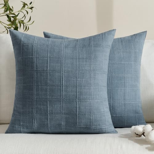 FIBORIA Boho 40x40 Outdoor Kissenbezug Baumwolle 2er Set Blau Leinenoptik Kariert,atmungsaktive Kissenhüllen Kissenbezüge Dekokissen Sofakissen Deko für Kinder Sofa Bett Balkon Terrasse Garten Sommer
