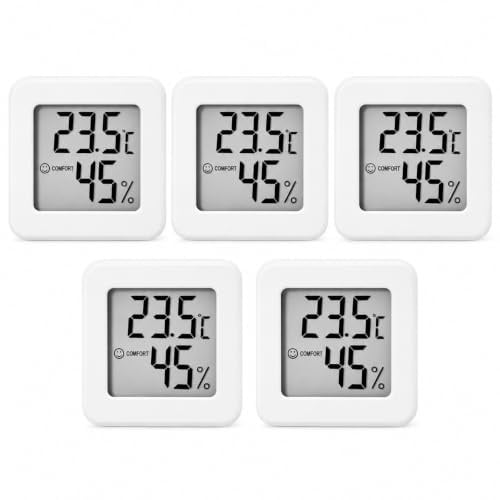 5er Set Mini Digital Thermometer Hygrometer Innen mit LCD Anzeige | Schnelle Messung, Smiley-Komfortanzeige, Kompaktes Design, Hohe Genauigkeit, Tisch- & Wandmontage, Energiesparend