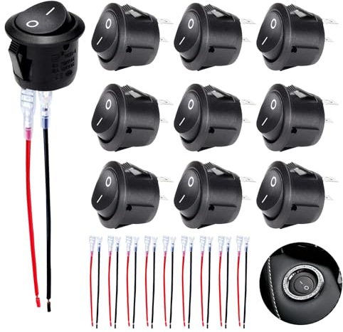 10 Interruptores Basculantes 12V 2 Polos ON-OFF Boton Redondo Laton | Cable 15cm incluido, contacto cobre, corriente nominal, voltaje DC, montaje carril, posicion encendido apagado