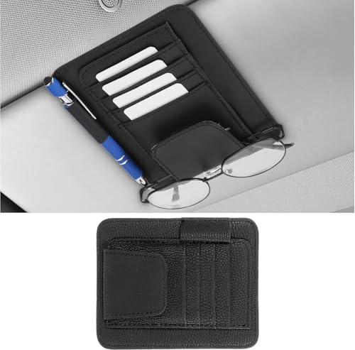 Small Leather Car Sun Visor Organizer with Storage Pouch & Sunglasses Clip, Auto Card Holder Registration/Insurance Slot, Credit Card Pockets, Automotive Interior Organizer for Cars Sun Visor(Black)