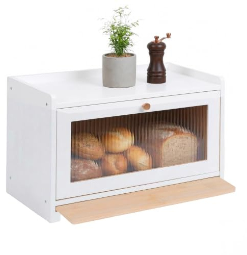 Relaxdays Brotkasten, Bambus, Schneidebrett, Ablage, Luftlöcher, Sichtfenster, HxBxT: 26 x 40 x 25 cm, Brotbox, weiß | Sichtfenster, HxBxT: 26 x 40 x 25 cm, Brotbox