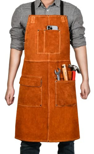 LeaSeek Delantal de trabajo piel para soldar, resistente al calor y al fuego, tamaño único, ajustable, se adapta a la mayoría (marrón-61cm x 91cm(4 bolsillos ))