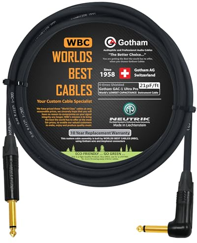WORLDS BEST CABLES 5 Meter - Gotham GAC-1 Ultra Pro - Premium, Low-Capacitance (21 pf/Ft) Guitar Bass Instrument Cable - with Straight to Angled 6.35mm Neutrik Gold Plated TS Connectors