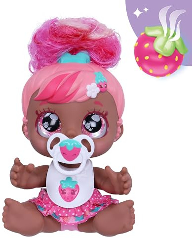 Kindi Kids Blossom Berri Scented Kisses Little Sister Official Baby Doll with Big Glitter Eyes, Chubby, Squishy Arms and Legs, Removeable Nappy, Dummy and Bib