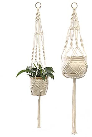 Ylinwtech 2 Stück Baumwollseil Hängeampel Blumentopf,Pflanzenauf Hänger,Hängeampel Blumentopf,Makramee Blumenampel,Handgewebt,für Drinnen und Draußen,Wandkunst,Balkone,Wand Dekoration(Beige)