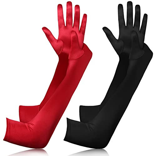 BBTO Lange Rote Schwarze Abendhandschuhe 2 Paar Elastische Elasthan Handschuhe