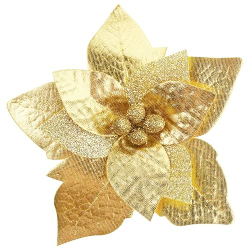 Xinnun 24 Pezzi di Fiori di Poinsettia Artificiali in 3 Taglie per Addobbi Natalizi Fiori di Stella di Natale Glitterati Fiori Finti per Albero di Natale Decorazione di Capodanno per Casa (Oro)