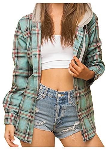 Générique Chemisier à Carreaux Chemise Femme Blouse Chic avec Bouton en Flanelle à Manches Longues Retroussée Style de Boyfriend Casual Veste Polaire avec Capuche (X1 Vert, M)