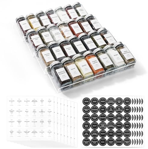 Viymgit Spice Drawer Organiser with 28 Jars, 348 Labels, 4oz Glass Spice Containers with Shaker Lids 4 Tier Clear Acrylic Seasoning Rack Tray Insert for Kitchen Drawers