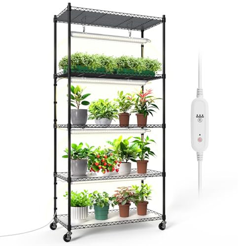 Bstrip Plant Shelf with Grow Lights, 5-Tier Plant Stand with T8 24W Grow Light for Indoor Plants with Wheel,Full Spectrum LED Plant Light with Timer for Seedling, Seed Staring, 29.5x13.8x59IN