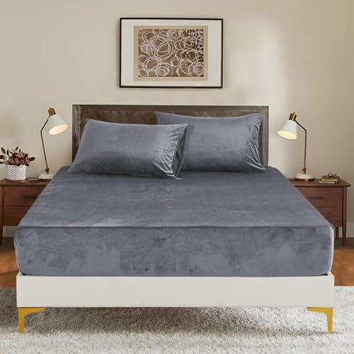 Luowei Winter Warme Spannbettlaken 180x200cm Cashmere Touch Kuschelig Flauschig Plüsch Grau Flanell Bettlaken Spannbetttuch für Boxspringbett Topper Matratze bis 30 cm Hohe