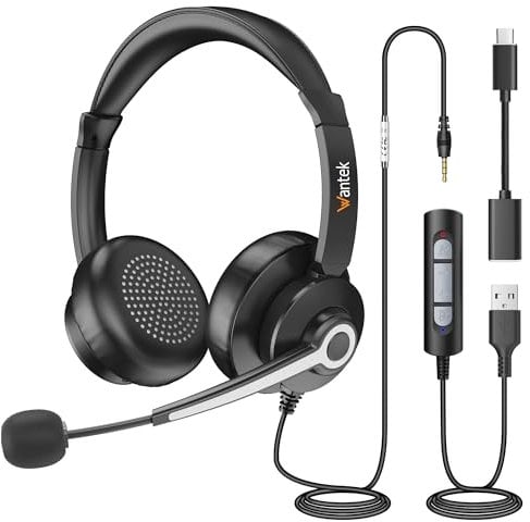 Wantek USB Headset with Microphone for PC Laptop, Teams Office Work - Noise Cancelling & In-Line Control, 3.5mm/USB/Type-C Plug 3-In-1 Headphones, 2M Wired Binaural Headset