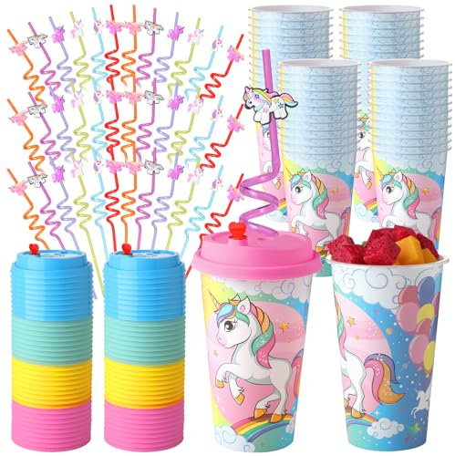 Maxcheck 36 Sets Unicorn Party Favors Goodie Cups with Lids and Straws for Birthday Decorations 36Pcs 16oz Plastic Cups 36Pcs Reusable Plastic Straws for Birthday Party Cups (Unicorn)