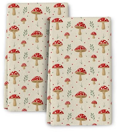 Bapcoku Geschirrtücher mit niedlichem Pilz-Dekor, 2er-Set, Botanische Pflanzen-Handtücher, weich, saugfähig, zum Trocknen von Hand, Backen, Kochen, Geschirrtücher für Küche, Bauernhaus, Urlaub,