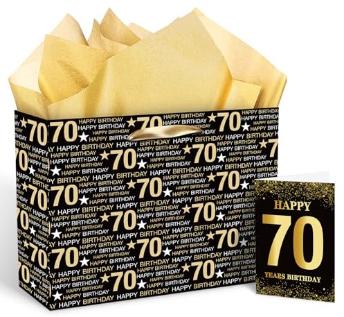 Black and Gold 70th Birthday Gift Bag With Tissue Paper and Card - Party Supplies Candy Wrapping for Men and Women