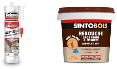 Rubson | Mastic Maison Acrylique Murs & Fenêtres (cartouche de 280 ml) – Mastic acrylique blanc & Sinto Rebouche Bois pour Gros Trous et Fissures Bois Clair - 500 g - Facile et Prêt à l’Emploi