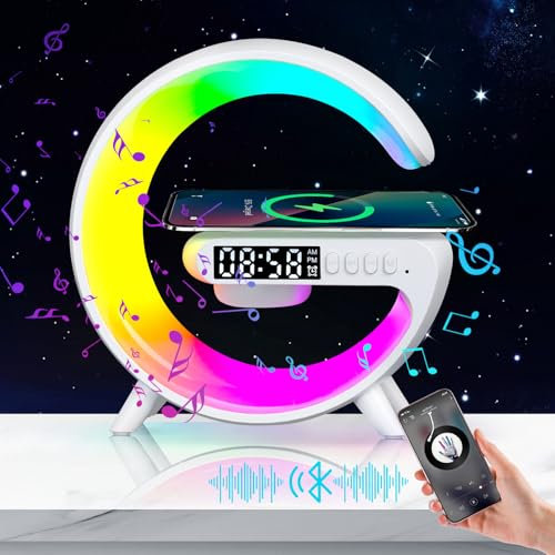 G Shaped Wireless Speaker Charger Light - Bedside Lamp With 5W Charging, Smart Color Changing, Bluetooth Speaker, Alarm Clock for Bedroom (White)