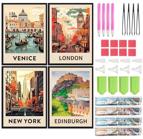 SHEGZHUC 4 Pack Diamond Painting Stadt Poster 30x40cm Diamond Painting Landschaft Reiseposter Diamond Painting Retro Poster Diamant Malerei Kunst Stickerei Kreuzstich Bilder Geschenk Wanddekoration