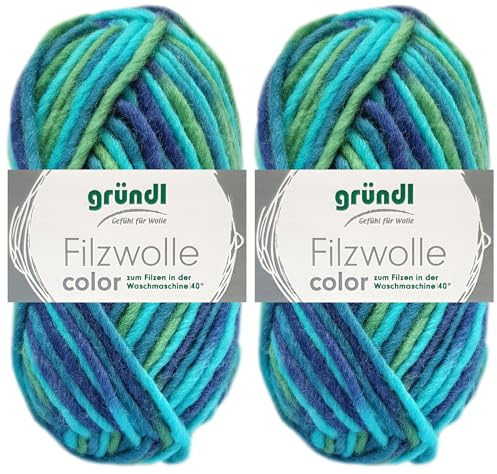 2x50 Gramm Gründl Filzwolle Color aus 100% reiner Schurwolle inkl. Anleitung für Topflappen (38 Aqua Multicolor)