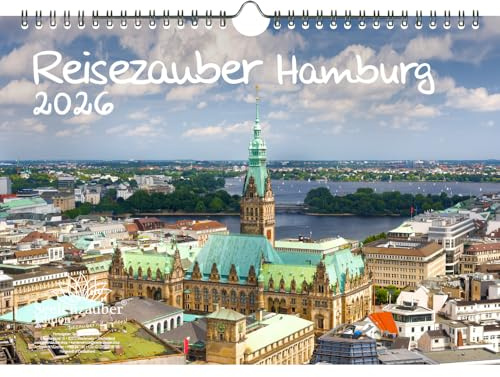 Reisezauber Hamburg DIN A4 Kalender für 2026 Hafen Deutschland - Set-Inhalt: 1x Kalender 1x Weihnachtsanhänger 1x Grußanhänger (gesamt 3 Teile)