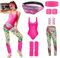80er Jahre Outfit Damen Accessoires 90er Jahre Workout Kostüm 80er Retro Neon Bademode Kostüm mit Top, Leggings Bauchtasche,Stirnband, Beinwärmer für Karneval Neon Mottoparty (Rosa, L)