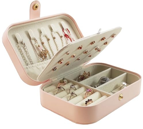 ZILZUFA Portagioie da Viaggio Rosa in PU, Porta Gioielli per Orecchini e Collane, Portagioie Donna Compatto e Pratico, Scatola Portatile per Accessori di Bellezza