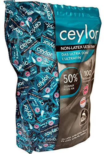 Ceylor Non-Latex 100 ultradünne, latexfreie Kondome für Allergiker, hypoallergen und geruchslos, Großpackung, verpackt im hygienischenDösli, einfach zu öffnen, Premium-Qualität